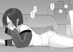  1girl absurdres ass bed blush closed_mouth ear_piercing from_side greyscale heart highres holding holding_phone indoors long_sleeves lying monochrome on_stomach original panties phone piercing profile shelf shirt short_hair solo speech_bubble sweat table toru_nagase translation_request trembling underwear wooden_floor 