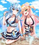  2girls ;d absurdres ahoge bare_shoulders beach bikini bikini_skirt black_bikini black_skirt blonde_hair blue_bikini blue_hair blue_sky blush bracelet breasts cleavage closed_mouth colored_tips crossed_bangs double-parted_bangs double_bun eye_contact flower front-tie_bikini_top front-tie_top gradient_hair green_eyes hair_between_eyes hair_bun hair_flower hair_ornament hanging_breasts heart heart_ahoge highleg highleg_bikini highres hololive hololive_summer_2023_swimsuit jewelry large_breasts layered_bikini long_hair looking_at_another momosuzu_nene multicolored_hair multiple_girls official_alternate_costume one_eye_closed open_mouth pink_bikini pink_hair skirt sky smile streaked_hair striped striped_bikini swimsuit taichi_(pdlnhaaihjvkjtb) two_side_up very_long_hair virtual_youtuber white_bikini yellow_eyes yukihana_lamy 