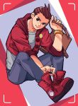  1boy ace_attorney adjusting_footwear antenna_hair apollo_justice apollo_justice_(stylin&#039;_street_clothes) backpack badge bag between_legs blue_pants boots bracelet brown_bag brown_eyes brown_hair button_badge buttons cropped_jacket cross-laced_footwear forked_eyebrows grey_shirt grin hand_between_legs hand_up highres holding holding_bag hood hood_down hooded_jacket jacket jewelry knees_up looking_at_viewer male_focus pants ragi_(od6fine) red_footwear red_jacket shirt shoes sitting sleeves_rolled_up smile sneakers solo two-tone_background 