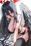  1girl black_bra black_hair black_panties black_thighhighs black_wings blue_archive blush bra breasts cleavage collarbone feathered_wings halo hasumi_(blue_archive) highres huge_breasts long_hair low_wings open_mouth panties red_eyes red_halo shuvi_(shuvi1125) solo thighhighs underwear wings 