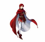  1boy azelle_(fire_emblem) boots brown_footwear cape clenched_hand coat fire_emblem fire_emblem:_genealogy_of_the_holy_war fire_emblem_heroes looking_at_viewer official_art pants red_cape red_coat red_eyes red_hair smile tobi_(kotetsu) white_pants 