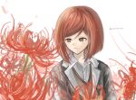  1girl artist_name black_jacket bob_cut brown_vest closed_mouth collared_shirt danganronpa_(series) danganronpa_v3:_killing_harmony dress_shirt flower grey_shirt highres iwano_(iwanohiroko) jacket no_hair_ornament red_flower red_hair shirt solo spider_lily upper_body vest yumeno_himiko 