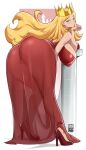  1girl absurdres ass ass_focus bare_shoulders bayeuxman bent_over blonde_hair blue_eyes blush breasts commentary covered_nipples crown dress full_body hanging_breasts head_rest high_heels highres hilling_(ousama_ranking) huge_breasts impossible_clothes impossible_dress long_dress long_hair long_nose mature_female ousama_ranking paid_reward_available pointy_nose queen red_dress red_footwear see-through solo thick_thighs thighs 