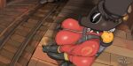  big_breasts breasts clothing crouching eyeliner female fempyro hi_res human humanoid makeup mammal pyro_(team_fortress_2) revaulik rubber rubber_clothing rubber_suit shadow solo spread_legs spreading team_fortress_2 thick_thighs valve 