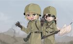  2girls army bandage_over_one_eye bandages bare_tree belt black_belt black_hair blonde_hair blood blood_on_bandages blue_eyes braid brown_belt buttons coat combat_helmet commentary_request crying crying_with_eyes_open dirt feet_out_of_frame flag fuka_(kantoku) gas_mask green_coat green_headwear grey_pupils grey_sky hair_over_shoulder helmet highres holding holding_flag long_sleeves looking_at_viewer mask medium_hair multiple_girls open_mouth original outdoors scar scar_on_cheek scar_on_face short_hair sidelocks sky soldier surrendering tears tree unworn_mask 