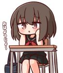  1girl bag black_sailor_collar black_serafuku black_shirt black_skirt blush brown_eyes brown_hair chair chibi commentary_request desk feet_out_of_frame hair_between_eyes hana_kazari hands_up highres long_hair neckerchief on_chair original parted_lips pleated_skirt red_neckerchief sailor_collar school_bag school_chair school_desk school_uniform serafuku shirt short_sleeves simple_background sitting skirt solo translation_request white_background 