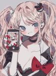  1girl 3j_dangan bear_hair_ornament black_shirt blonde_hair blue_eyes bow breasts cleavage collarbone danganronpa:_trigger_happy_havoc danganronpa_(series) enoshima_junko hair_ornament highres holding holding_phone large_breasts long_hair looking_at_viewer nail_polish necktie phone photo_(object) red_bow red_nails shirt smile solo twintails 