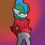  2023 clothing fin gallade generation_4_pokemon gradient_background green_hair grey_eyes hair hair_over_eye hands_in_both_pockets hoodie humanoid looking_at_viewer male malegardevoir nintendo not_furry one_eye_obstructed pokemon pokemon_(species) simple_background smirking_at_viewer solo topwear 