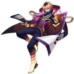  1boy artist_request blonde_hair brown_hair coat coat_on_shoulders full_body gloves gradient_pants highres kai_(omega_strikers) knee_up looking_at_viewer magic multicolored_hair non-web_source official_alternate_costume official_art omega_strikers pants purple_eyes short_hair solo two-tone_hair 