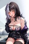  1girl averageartist bare_shoulders black_choker black_coat black_dress black_hair black_panties breasts choker cleavage coat dress fur-trimmed_coat fur_trim hair_ornament hololive hololive_english jewelry lace lace_choker large_breasts long_hair looking_at_viewer multicolored_hair open_mouth panties ring shiori_novella sitting sleeveless sleeveless_dress solo split-color_hair thighs two-tone_hair underwear virtual_youtuber white_hair yellow_eyes 