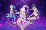  3girls absurdres bronya_zaychik bronya_zaychik_(herrscher_of_truth) dress gradient_background gradient_eyes gradient_hair grey_hair highres honkai_(series) honkai_impact_3rd kiana_kaslana kiana_kaslana_(herrscher_of_finality) long_dress long_hair multicolored_clothes multicolored_eyes multicolored_hair multiple_girls ponytail purple_eyes purple_hair raiden_mei raiden_mei_(herrscher_of_origin) rfbyhjr white_hair 