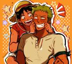  2boys bandana_around_arm black_hair blush carrying cheek_pinching dark-skinned_male dark_skin earrings eye_contact green_hair grin happy hat highres huyandere jewelry looking_at_another male_focus monkey_d._luffy multiple_boys one_piece open_mouth piggyback pinching red_shirt roronoa_zoro scar scar_on_cheek scar_on_face shirt short_hair sideburns smile straw_hat sweatdrop teeth toned toned_male white_shirt 
