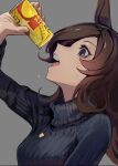  1girl black_sweater brown_hair can corn drinking food_on_clothes highres kokemozuku long_hair purple_eyes rice_shower_(umamusume) simple_background solo sweat sweater umamusume 