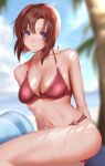  1girl absurdres bikini blue_eyes blurry blurry_background breasts brown_hair cleavage closed_mouth collarbone commentary_request highres higurashi_no_naku_koro_ni medium_breasts navel ocean out_type_(outtypeex) palm_tree red_bikini ryuuguu_rena short_hair smile solo swimsuit tree 