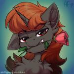  1:1 2023 airfly-pony ambiguous_gender auburn_hair bedroom_eyes chest_tuft english_text equid equine fangs feral flower flower_in_mouth friendship_is_magic hair half-closed_eyes hasbro hi_res horn inner_ear_fluff long_hair looking_at_viewer mammal mouth_hold my_little_pony narrowed_eyes orange_eyes plant portrait quadruped rose_(flower) rose_in_mouth seductive signature solo teeth text tuft unicorn 
