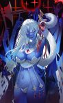  1girl axe blue_eyes blue_skin breasts colored_skin extra_arms fate/grand_order fate_(series) highres kali_(fate) navel sharp_teeth shei99 signature snake solo tagme teeth third_eye weapon white_hair white_snake 