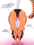  absurd_res android anthro bent_over big_breasts breasts bulge butt camel_toe clothed clothing digital_media_(artwork) felid female fur genitals hair hi_res humanoid machine mammal meme mrgolla pantherine robot simple_background solo stripes text thick_thighs tiger yumeo_(mrgolla) 