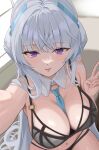  1girl absurdres bikini black_bikini blue_archive blue_necktie breasts detached_collar dubeaduver grey_hair halo headphones highres large_breasts long_hair looking_at_viewer necktie noa_(blue_archive) purple_eyes selfie sidelocks solo swimsuit tongue tongue_out v very_long_hair 