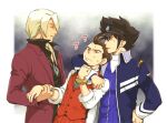 3boys ? ace_attorney apollo_justice blonde_hair brown_eyes brown_hair buttons clay_terran closed_eyes closed_mouth collared_shirt commentary_request hand_on_own_hip jacket jewelry klavier_gavin long_hair looking_at_another male_focus multiple_boys necklace orange_pants orange_vest pants parted_lips phoenix_wright:_ace_attorney_-_dual_destinies popped_collar red_jacket ring shirt short_hair sleeves_rolled_up smile sweat tepra tongue tongue_out upper_body vest visor_cap white_shirt yaoi 