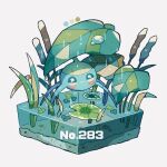  algae blue_eyes cattail color_guide commentary_request faux_figurine leaf lily_pad looking_at_viewer no_humans plant pokedex_number pokemon pokemon_(creature) shino_(shinoru_p) simple_background standing standing_on_liquid surskit water water_drop white_background 