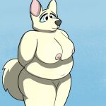  1:1 absurd_res anthro belly big_belly big_breasts big_butt breasts butt canid canine canis domestic_dog exposed_breasts female hands_behind_back hi_res mammal nipples nude overweight shaded shy simple_background simple_shading slightly_chubby smile solo tail thick_thighs tylernobody 