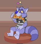  &lt;3 2021 3_fingers 3_toes anthro blueballs clothing collar digital_media_(artwork) eating eating_food feet fingers food grey_clothing male mammal pizza procyonid purple_body purple_nose raccoon red_eyes shirt sitting solo spiked_collar spikes star toes topwear yellow_sclera 