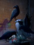  alley animal_focus bird black_eyes brick_wall can city crow graffiti illustration_room_nagi magazine_(object) no_humans open_mouth original signature sleeveless soda_can talons trash trash_bag trash_can urban 