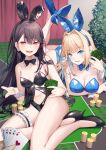  2girls animal_ears black_bow black_bowtie black_hair blonde_hair blue_bow blue_bowtie blue_eyes bow bowtie breasts card clothing_cutout high_heels legs long_hair lying medium_breasts multiple_girls navel navel_cutout on_stomach original playboy_bunny poker_chip poker_table rabbit_ears red_eyes small_breasts table thigh_strap thighs tokuno_yuika 