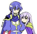 1boy 1girl blue_cape blue_hair brother_and_sister cape circlet dress fire_emblem fire_emblem:_genealogy_of_the_holy_war headband holding holding_another&#039;s_arm julia_(fire_emblem) long_hair looking_at_another open_mouth ponytail purple_cape purple_eyes purple_hair seliph_(fire_emblem) siblings simple_background smile white_headband yukia_(firstaid0) 