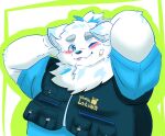  anthro bandage_on_face belly blep blue_eyes blush canid canine canis clothing domestic_dog fur hands_behind_head hi_res lifewonders live_a_hero locksmith male mammal maroinu_4649 nordic_sled_dog one_eye_closed overweight samoyed shirt solo spitz t-shirt tongue tongue_out topknot topwear vest white_body white_fur wink yohack 