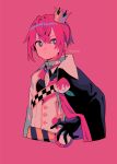  1boy award_ribbon black_gloves blue_eyes checkered_sash coat_dress crown crown_print gloves hand_on_hip highres ink_stain long_sleeves looking_at_viewer male_focus menma_(enaic31) mini_crown pink_background pink_hair pink_theme riddle_rosehearts short_hair simple_background twisted_wonderland 