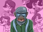  anthro bald black_hair bodily_fluids bra breaking_bad breasts cleavage clothed clothing dinosaur drooling duo eyewear facial_hair female glasses hair humor i_wani_hug_that_gator male ms._prockling mustache pink_background reptile saliva scalie seven_(artist) simple_background underwear walter_white 