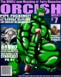  2005 anal anal_penetration anthro balls bruno_rhynox cover english_text genitals glans green_balls green_body green_penis green_skin hi_res humanoid magazine_cover male mammal masturbation muscular muscular_anthro muscular_male nipples orc pecs penetration penile penile_masturbation penis pink_glans pink_nipples rhinoceros sex_toy text tomcat_(artist) toy_in_ass toying_self trassk 