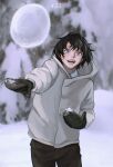  1boy aged_down black_gloves black_pants blurry blurry_background chainsaw_man cowboy_shot gloves godschildaran grey_hoodie happy hayakawa_aki highres hood hoodie pants short_hair smile snow snowball snowball_fight solo throwing 