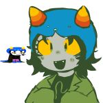  2_horns alien alien_humanoid blue_clothing blue_hat blue_headwear blush clothed clothing computer-fighter cute_fangs eyelashes female furgonomic_headwear green_clothing green_jacket green_topwear grey_body grey_skin hair hat headgear headwear hi_res homestuck horn horned_humanoid humanoid jacket looking_at_viewer medium_hair ms_paint_adventures nepeta_leijon not_furry open_mouth orange_horn reference_image shirt simple_background solo topwear troll_(homestuck) webcomic webcomic_character white_background yellow_sclera 