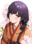  1girl black_hair blunt_bangs blush breasts cherry_blossoms closed_mouth eyelashes facing_viewer flower hair_bun hair_over_shoulder half-closed_eyes head_tilt japanese_clothes kanapy kimono leaf light_smile long_eyelashes medium_breasts mole mole_under_eye obi orange_eyes orange_kimono pink_flower red_sash saimori_miyo sash sidelocks sideways_glance simple_background single_hair_bun single_side_bun solo striped striped_kimono upper_body vertical-striped_kimono vertical_stripes watashi_no_shiawase_na_kekkon white_background yukata 