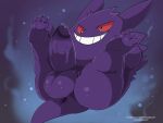  anthro anus balls big_balls big_penis butt erection feet fingers generation_1_pokemon gengar genitals humanoid_genitalia humanoid_penis looking_down male nintendo penis pokemon pokemon_(species) purple_body red_eyes signature simple_background smile soles solo spunkerart tail teeth text thick_thighs url vein veiny_penis 