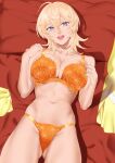  1girl alternate_costume ass_visible_through_thighs bed_sheet blonde_hair bra breasts cleavage commentary_request crossed_bangs green_nails grey_eyes hair_between_eyes hand_on_own_shoulder highres kantai_collection large_breasts lips long_bangs looking_at_viewer navel open_mouth orange_bra orange_panties panties shingyou_(alexander-13) short_hair smile solo stomach teeth tuscaloosa_(kancolle) underwear upper_teeth_only 