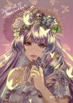  1girl arm_strap artist_name brown_eyes bug butterfly butterfly_on_hand eyeshadow flower frilled_shirt frills green_flower hair_flower hair_ornament happy_birthday head_tilt highres looking_at_viewer macross macross_delta makeup mikumo_guynemer neck_ribbon parted_lips purple_butterfly purple_flower purple_hair purple_ribbon red_eyeshadow ribbon ryu_(masu_nantoka-san) shirt solo strapless strapless_shirt white_flower white_shirt yellow_flower 