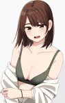  1girl bra breasts brown_eyes brown_hair cleavage english_commentary green_bra highres jewelry kapatarou light_blush looking_at_viewer medium_breasts medium_hair off_shoulder original ring shirt simple_background solo underwear upper_body wedding_ring white_background white_shirt 