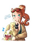  1girl blue_eyes blush brown_jacket eyewear_on_head jacket long_sleeves looking_at_viewer musical_note orange_hair pinguinkotak pokemon pokemon_(creature) pokemon_(game) pokemon_swsh side_ponytail smile sonia_(pokemon) sunglasses upper_body yamper 