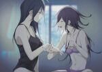  2girls black_hair blurry blurry_background bra breasts closed_eyes collarbone danganronpa_(series) danganronpa_v3:_killing_harmony genderswap genderswap_(mtf) hair_between_eyes highres holding_hands long_hair looking_at_another m0918664055 multiple_girls nail_polish navel open_mouth ouma_kokichi painting_nails panties purple_eyes purple_hair saihara_shuuichi sitting underwear wavy_hair window 