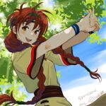  1girl braid breasts brown_eyes dress gensou_suikoden headband long_hair looking_at_viewer lowres open_mouth red_hair sakai_yume smile solo tengaar_(suikoden) twin_braids 