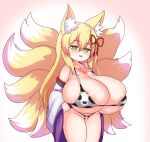  1girl alternate_breast_size animal_ear_fluff animal_ears animal_print areola_slip bikini blonde_hair breasts chest_tattoo cow_print fang fox_ears fox_girl fox_tail green_eyes highres huge_breasts japanese_clothes kimono kitsune kyuubi long_hair micro_bikini mon-musu_quest! multiple_tails nav_(itsnav) open_clothes open_kimono plump shortstack simple_background smile solo swimsuit tail tamamo_(mon-musu_quest!) tattoo very_long_hair 