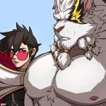  1boy 1girl bara beard breast_envy bursting_pectorals drks facial_hair furry furry_male highres large_pectorals league_of_legends lion_boy long_beard looking_at_another looking_at_pectorals male_focus mature_male meme muscular muscular_male nipples nude pectoral_envy_(meme) pectoral_focus pectorals rengar short_hair solo_focus upper_body vayne_(league_of_legends) white_fur 