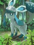  blurry blurry_foreground bush commentary_request day falling_leaves glaceon highres jira_(ziraiya26) leaf looking_to_the_side no_humans outdoors pokemon pokemon_(creature) solo sparkle standing 