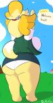  animal_crossing anthro big_breasts breasts butt canid canine canis clothing davidsanchan domestic_dog featureless_hands female hi_res huge_breasts isabelle_(animal_crossing) mammal nintendo panties rear_view solo tail tail_motion tailwag topwear underwear upskirt vest wardrobe_malfunction 