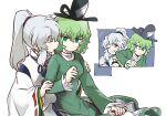  2girls bangs black_headwear blue_headwear blush bright_pupils closed_eyes closed_mouth commentary_request cross-laced_clothes crossed_arms dress ghost_tail green_dress green_eyes green_hair grey_eyes grey_hair grin hair_between_eyes hat hat_ribbon highres japanese_clothes kariginu long_hair long_sleeves looking_at_viewer mc_pyth mononobe_no_futo multiple_girls no_headwear ofuda ofuda_on_clothes one_eye_closed pom_pom_(clothes) ponytail ribbon ribbon-trimmed_sleeves ribbon_trim short_hair smile soga_no_tojiko sweatdrop tate_eboshi touhou turtleneck white_pupils wide_sleeves yuri 