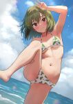 1girl arm_up armpits bikini blush breasts breasts_apart c_(theta) cameltoe collarbone green_hair halterneck head_tilt highres holding_own_leg idolmaster idolmaster_million_live! looking_at_viewer nagayoshi_subaru navel outdoors red_eyes ribs small_breasts smile solo standing standing_on_one_leg stomach swimsuit two-tone_bikini v 