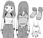  1girl aoki_toshinao backpack bag bracelet commentary cowboy_shot facing_away feet foot_focus grey_pants hand_focus highres jewelry looking_at_viewer medium_hair multicolored_clothes multiple_views nail_polish original pants ring sacabambaspis shirt simple_background white_background 